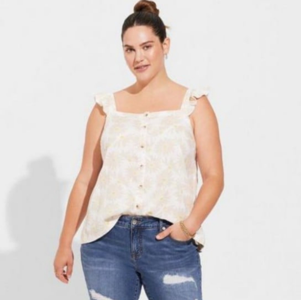 New Torrid 4X(26W) Double Gauze Ruffle Button Front Tank Top- Daisy N…